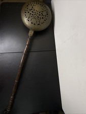 Antico scaldaletto vintage 1900 rame e ottone manico legno marrone piccola crepa 44"