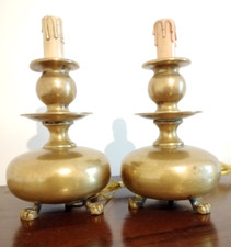 Antico Candeliere candelabro a Piatti in Ottone Coppia 1820 Circa Elettrificati