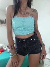 Top Crop Corto azzurro menta  Donna Effetto Pizzo  imbottito a fascia S M