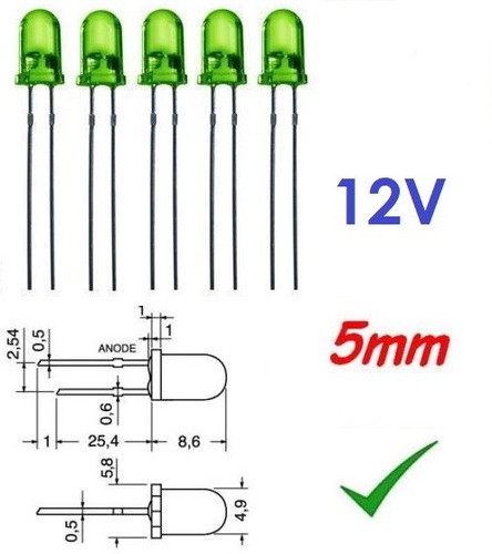 5pz diodo led 12v 5mm - led,