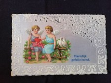 Cartolina Angeli su Staccionata con Fiori e Colombi RILIEVO TRAFORATA KG19