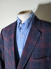 Giacca Blazer 48R Inglese Navy Rosso Borgogna Tartan Seersucker Lana Poli Elasticizzato