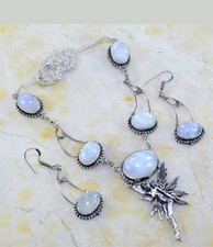 Collana +orecchini parure reimbow silver moonstone, pietra di luna fata argento 