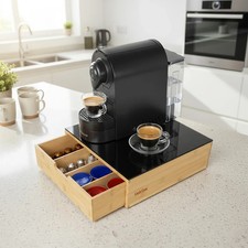 Contenitore porta cialde  capsule caffè in bambù con cassetto e  ripiano vetro