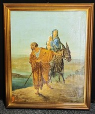 Antico dipinto devozionale olio su tela - Fuga in egitto - Quadro religiosi '800