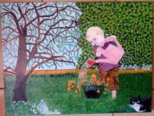 Dipinto "Bimbo in giardino". Olio Su Tela. Telaio In Legno. Dimensioni 30x40cm