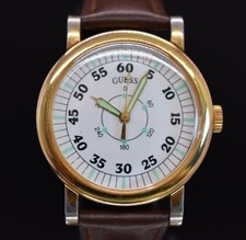 Orologio Vintage GUESS Quadrante Secondi Uomo 1993 Pelle Tono Oro NUOVO BATTERIA E CINTURINO