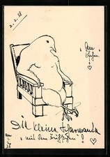 Cartolina artistica dipinta a mano: gallina in poltrona 