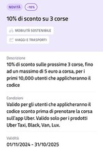uber sconto taxi corsa noleggio auto 10% 3 corse sconto codice voucher