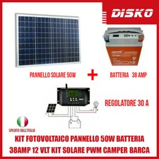 KIT FOTOVOLTAICO PANNELLO 50W BATTERIA 38AMP 12 VLT KIT SOLARE PWM CAMPER BARCA