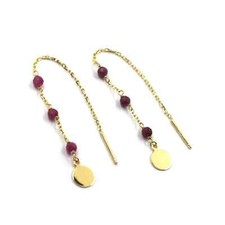 ORECCHINI IN ORO GIALLO, 18K, PENDENTI, CON RUBINI SFACCETTATI DA 3 MM E DISCHI