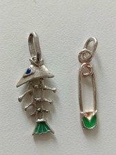 2 Ciondoli Argento 800/925 Lisca Di Pesce E Spilla Da Balia Anni 70 Cm 3,5 Rari 