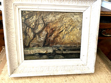IL FIUME IN AUTUNNO SCUOLA FRANCESE OLIO SU TAVOLA  META' SECOLO SCORSO FIRMATO