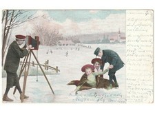1904 cartolina Primi '900 - fotografo mamma bambini pattinaggio sul ghiaccio