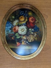 Quadro ovale vintage olio sul tavola legno cornice oro