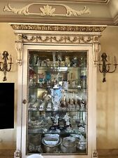 Credenza vetrina antica stile 800 in legno, bianca e oro