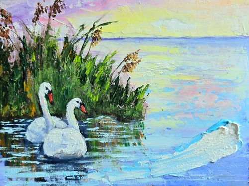 Quadro olio uccellini cigni