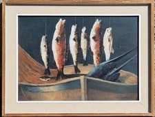 Natura morta con pesci spada in barca,  olio su tavola firmato da decifrare 
