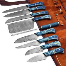 Set coltelli/coltello da cucina in acciaio damascato su misura con borsa Roll in pelle.