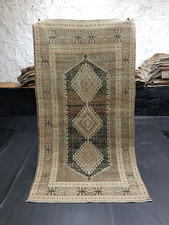 Tappeto soggiorno caucasico vintage, 3,6 x 6,6 piedi, tappeto geometrico beige antico