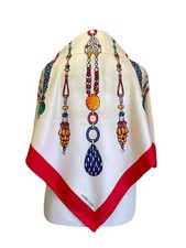 Y9# Must de Cartier sciarpa seta stampa gioielli bordo rosso vintage 90 cm Parigi