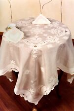 Tovaglia da Tè Ricamata a Mano in Organza di Cotone e Lino 110x110 + tovaglioli 