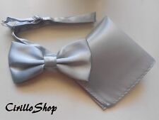 FAZZOLETTO + PAPILLON FARFALLA POCHETTE RASO CRAVATTINO GRIGIO ARGENTO CHIARO