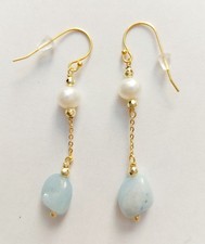 Orecchini pendenti in argento 925 laminato oro con perle acquamarina ed ematite 