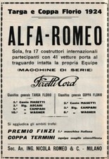 PUBBL.1924 ALFA ROMEO TARGA E COPPA FLORIO CLASSIFICA ASCARI CAMPARI MASETTI 