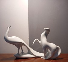 Rara Coppia Di Statuine Vintage Royal Dux Pavone E Cavallo Stilizzati Anni 60/70