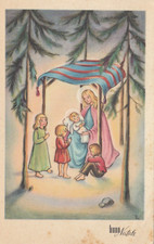 CARTOLINA  AUGURALI BUON NATALE GRUPPO DI BAMBINI FELICITA REGALI VIAGGIATA 1952