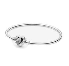 "PANDORA" AUTENTICO BRACCIALE RIGIDO CUORE NEL CUORE ?❤️? ARGENTO E PAVE' 21CM