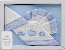 PASTELLO - COMPLETO LENZUOLA CARROZZINA NEONATO RICAMATO COTONE ORSETTO AZZURRO