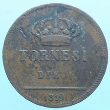 NAPOLI FERDINANDO I 10 TORNESI 1819 RAME COPPER MONETA COIN NUMISMATICA