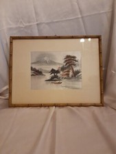 Quadro Vintage Paesaggio Ricamato Con Seta Orientale  Cornice Finto Bamboo