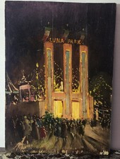 Dipinto olio su tavola- Luna Park – Quadro vintage primi ’900- Cornice dorata
