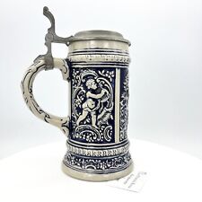 Boccale da birra Tedesco in ceramica vintage con coperchio in peltro bicchiere D