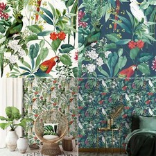 Ikala Carta da Parati Foglie Tropicali Fiori Uccellini Esotici Pappagalli - Blu Bianco