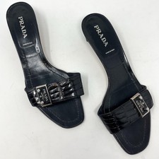 Sandalo vintage Prada nero pelle croc mule metallo logo tacco a gattino taglia 40 EU