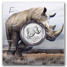 Sudafrica 5 bordi 2025 Big Five Rhino 1 oz argento ST/Bu con scatola originale