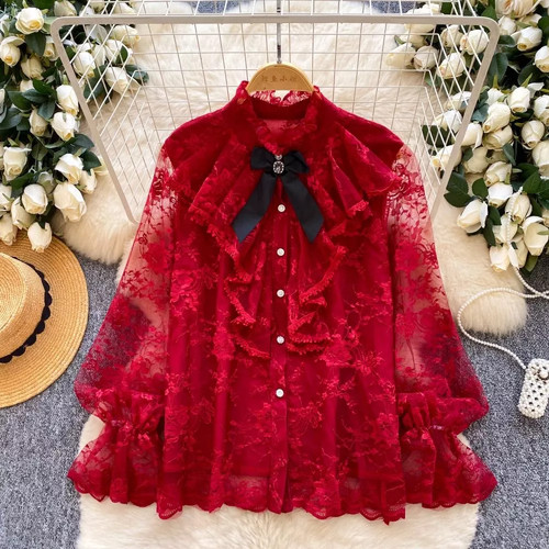 Camicia pizzo rosso volant - pizzo,