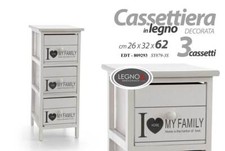 MOBILE CASSETTIERA LEGNO BIANCO 3 CASSETTI DECORO FAMILY 26*32*62 CM EDT-809293