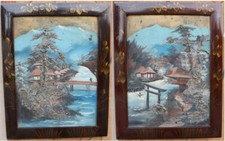 Coppia di paesaggi orientali XIX secolo dipinti su legno, con cornice coeva