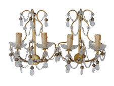 Coppia applique vintage gabbia lampada da parete cristallo trasparente goccia tazza perline anni 70 RARA