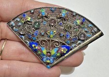Cinese Export Pieghevole Ventaglio Cloisonne Smalto Argento Filigrana Spilla