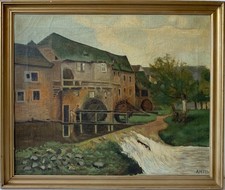 Quadro a Olio Paesaggio Con Vecchio Mulino ad Acqua Autografato 1946 Vintage