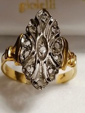 Anello Antico a Spoletta in Oro Giallo 18 e Argento con Rose di Diamanti 