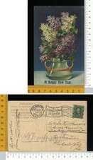 V2339] BUON ANNO NUOVO VASO CON FIORI GLICINE VIOLA E BIANCHI - RILIEVO 1907