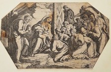 Acquaforte di Orazio Borgianni firmata 1615 Adorazione di Cristo Pastore 13,5x22,5cm