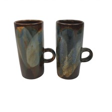 Vintage Caffe D’Vita Espresso Coffee Mug Cup - Set of 2 - Blue Brown Stoneware 